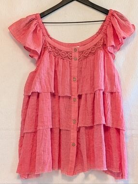 Oddi Coral Pink Boho Tiered Gauze Flutter Sleeve Swing Top Large Airy Feminine